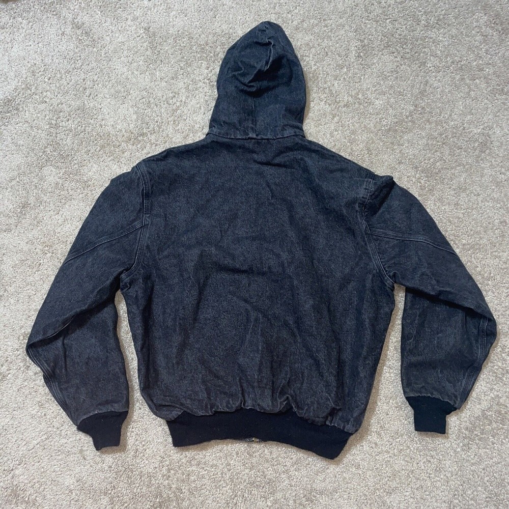 Vintage Carhartt Black Denim Jean Jacket Hoodie Plaid Lining JF885 Size Large - Picture 5 of 5